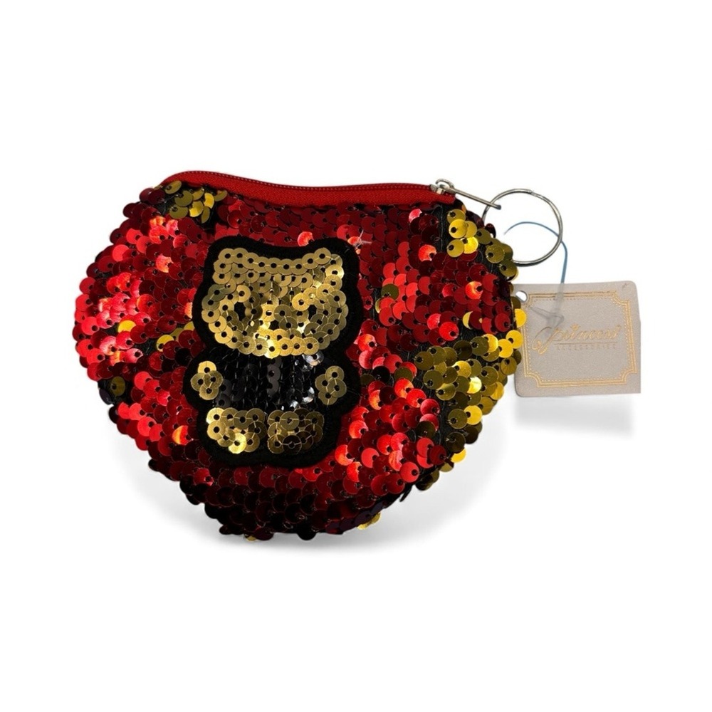 Sequin Teddy Bear Coin Purse Pouch Keychain‎ Red and Gold